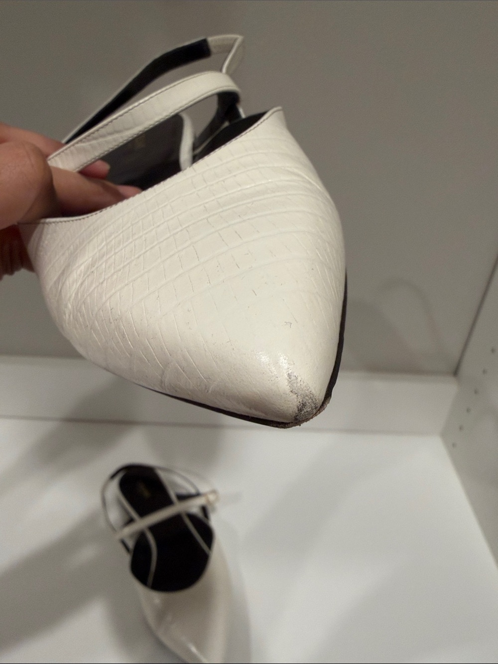 Celine White Pointed-Toe Croc-Embossed Ankle-Strap Flats - Picture 5 of 7